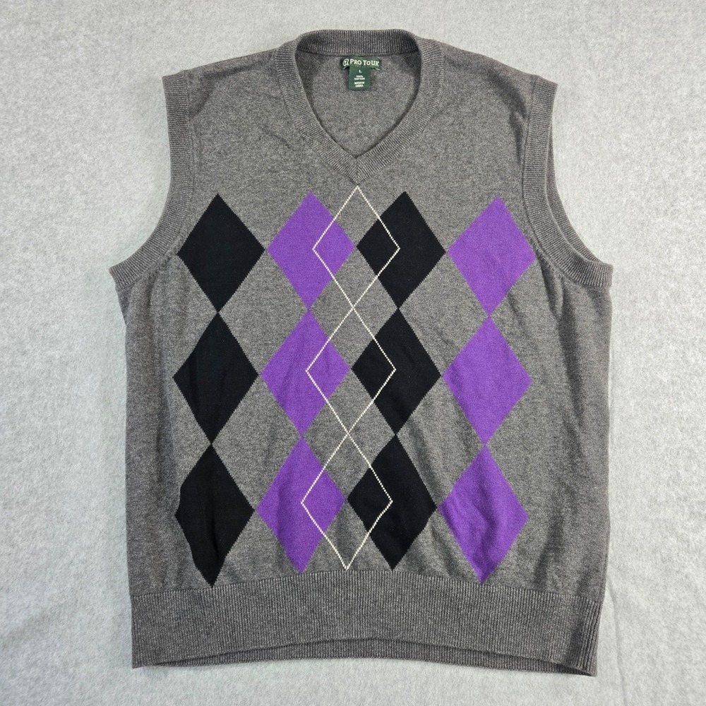 Pro Tour Mens Argyle Sweater Vest Gray Purple Black Cotton V-Neck Large